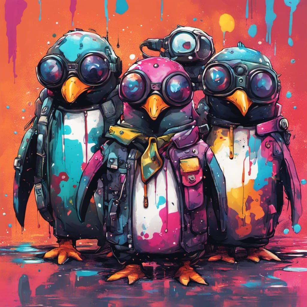 Cyberpunk Penguins in Graffiti Art Style