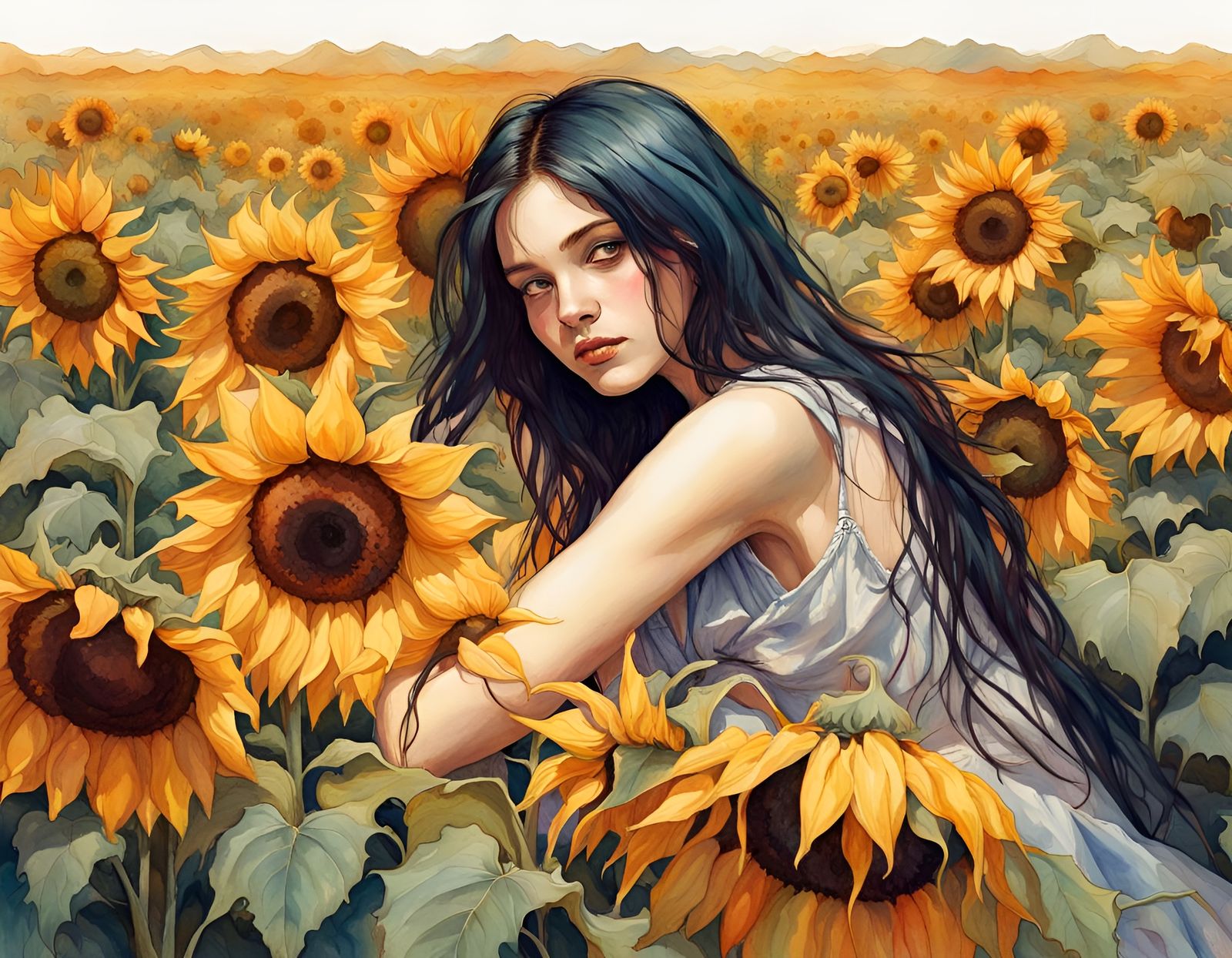 Girl in Sunflower Field: Watercolor Art