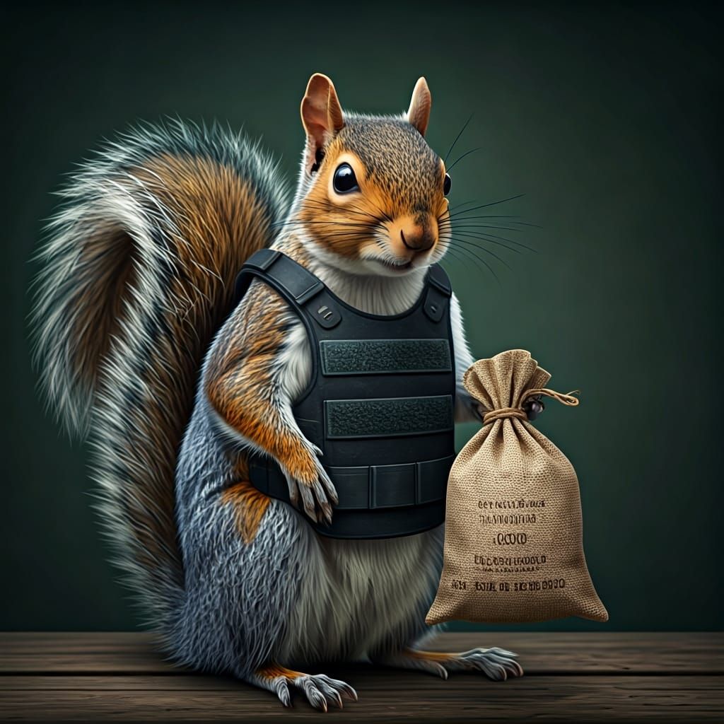 Squirrel in Bulletproof Vest with Cash Bags