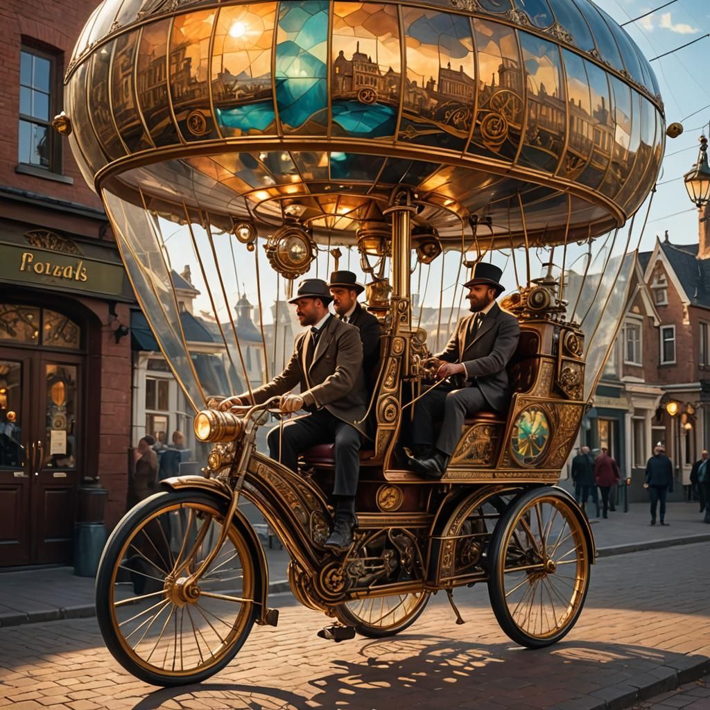 Steampunk Rickshaw in Transparent Dirigible Balloon