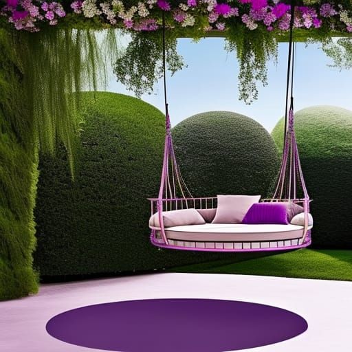 Purple Round Swing Bed with Pergola Roof and Planters& gothic vibes& ethereal vibes& magical vibes& dark fantasy vibes& ...