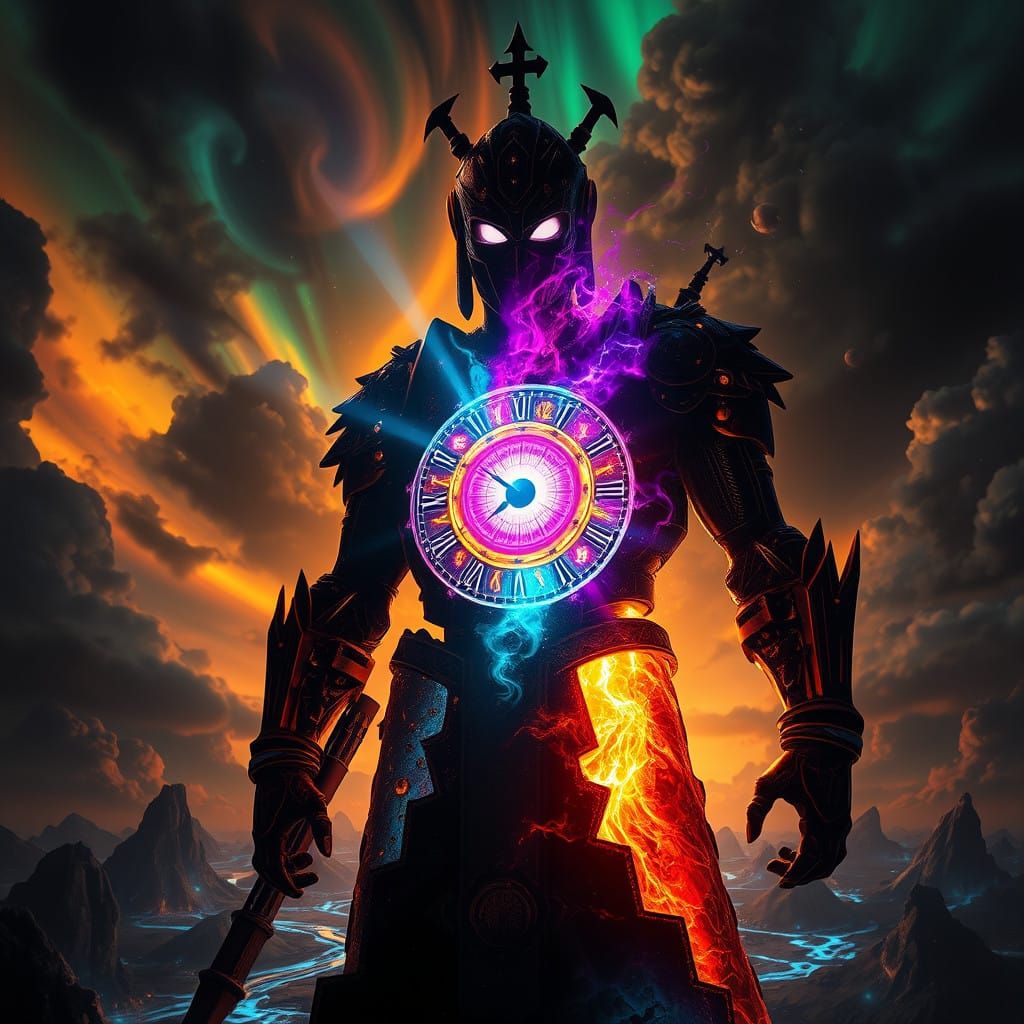 Steampunk Warrior in Iridescent Shadows with Radiant Core