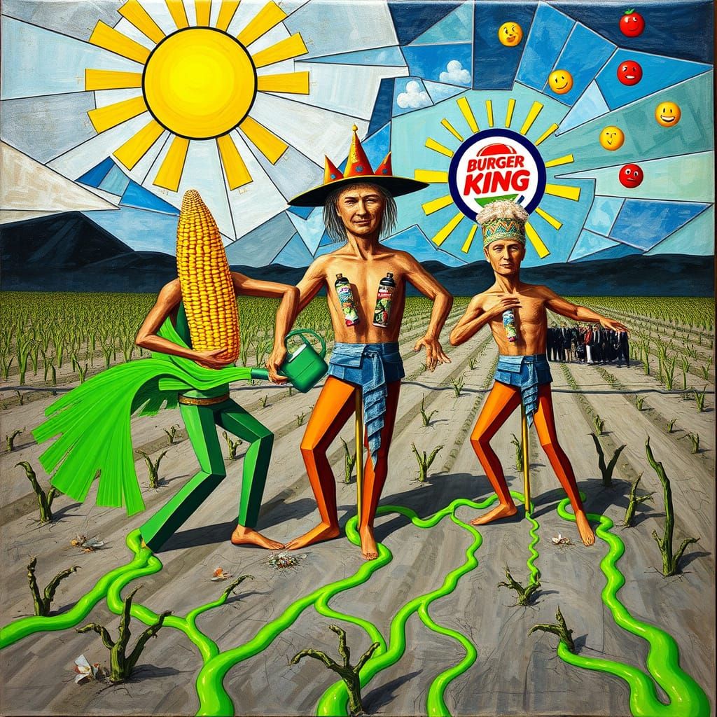 Cubist Frenzy of Distorted Farmers in Neon Green Despair