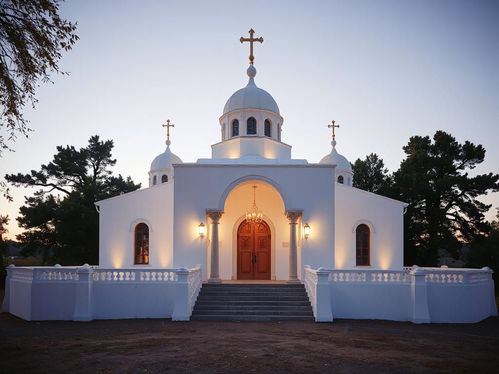 Ethereal Orthodox Temple in Luminous White Gypsum Plaster