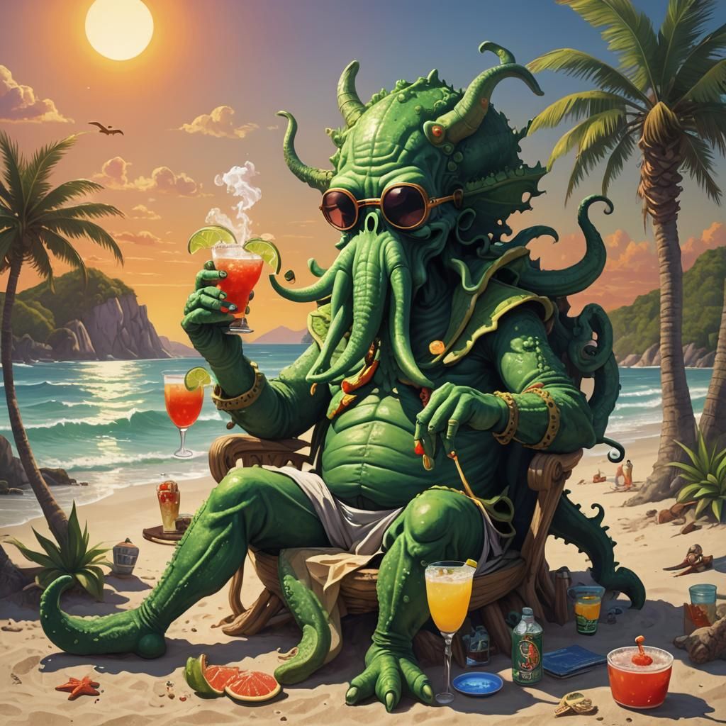 Cthulhu on Vacation: A Surreal Sunset Scene