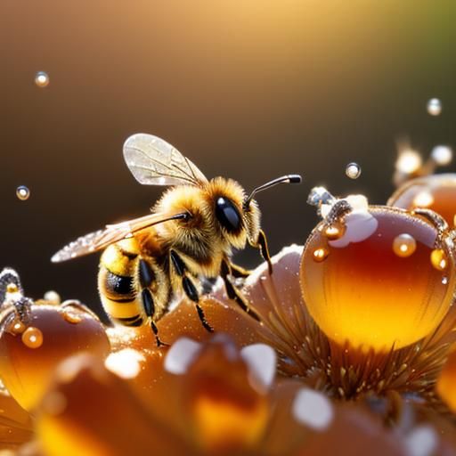 Macro Bee Drinking Honey in Morning Light