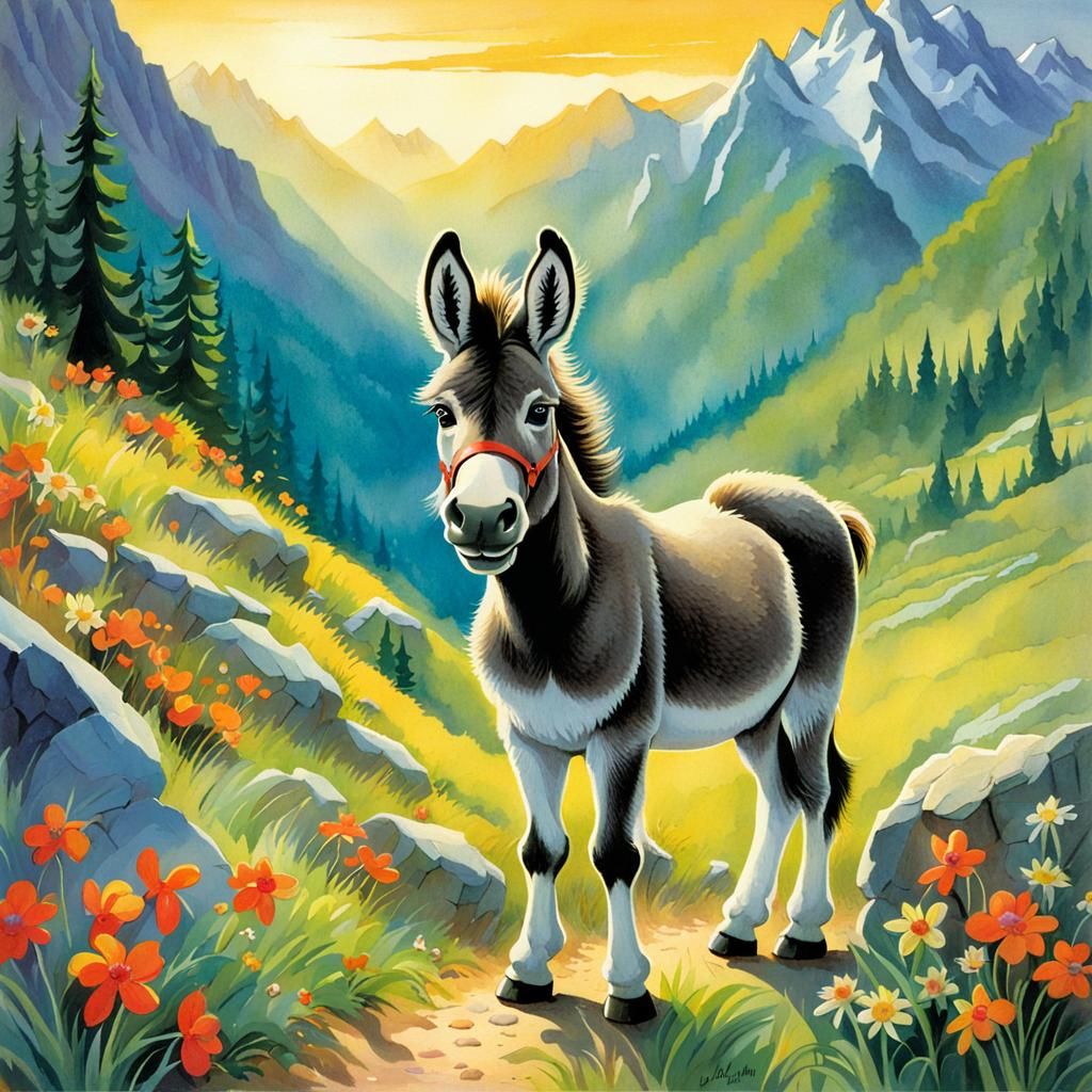 Cute Donkey Illustration in Mountain Landscape