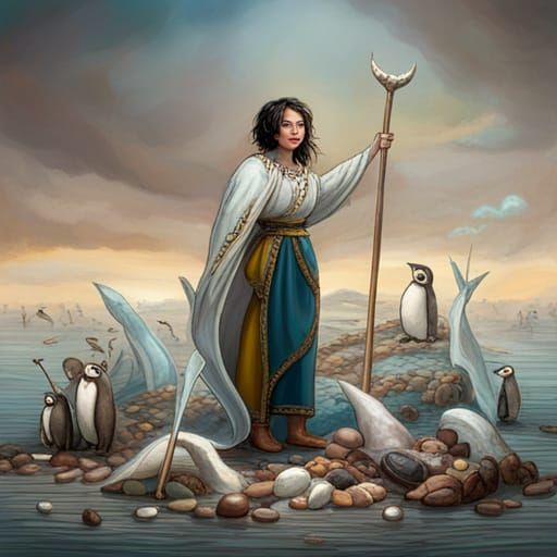 Penguin Goddess with Narwhal Spear