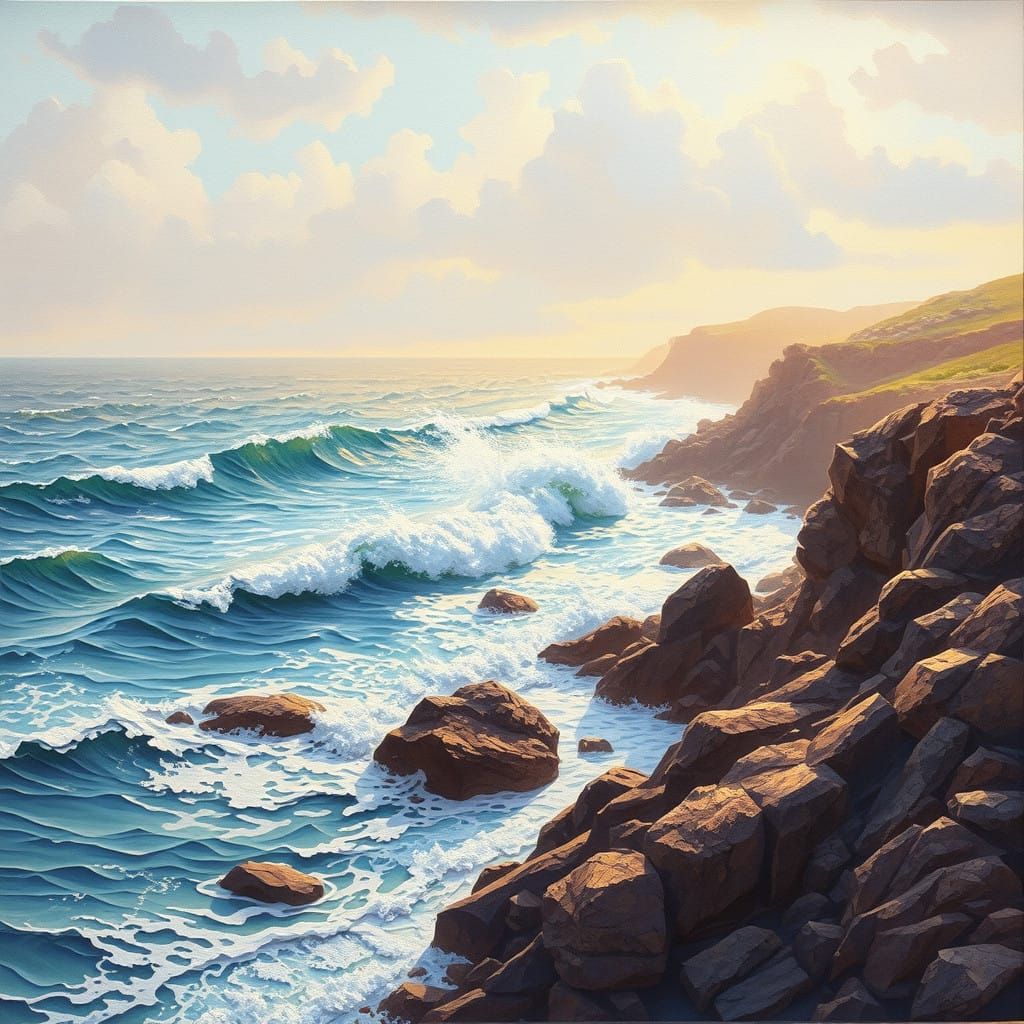 Impressionist Seascape with Dynamic Waves and Rocky Coastlin...