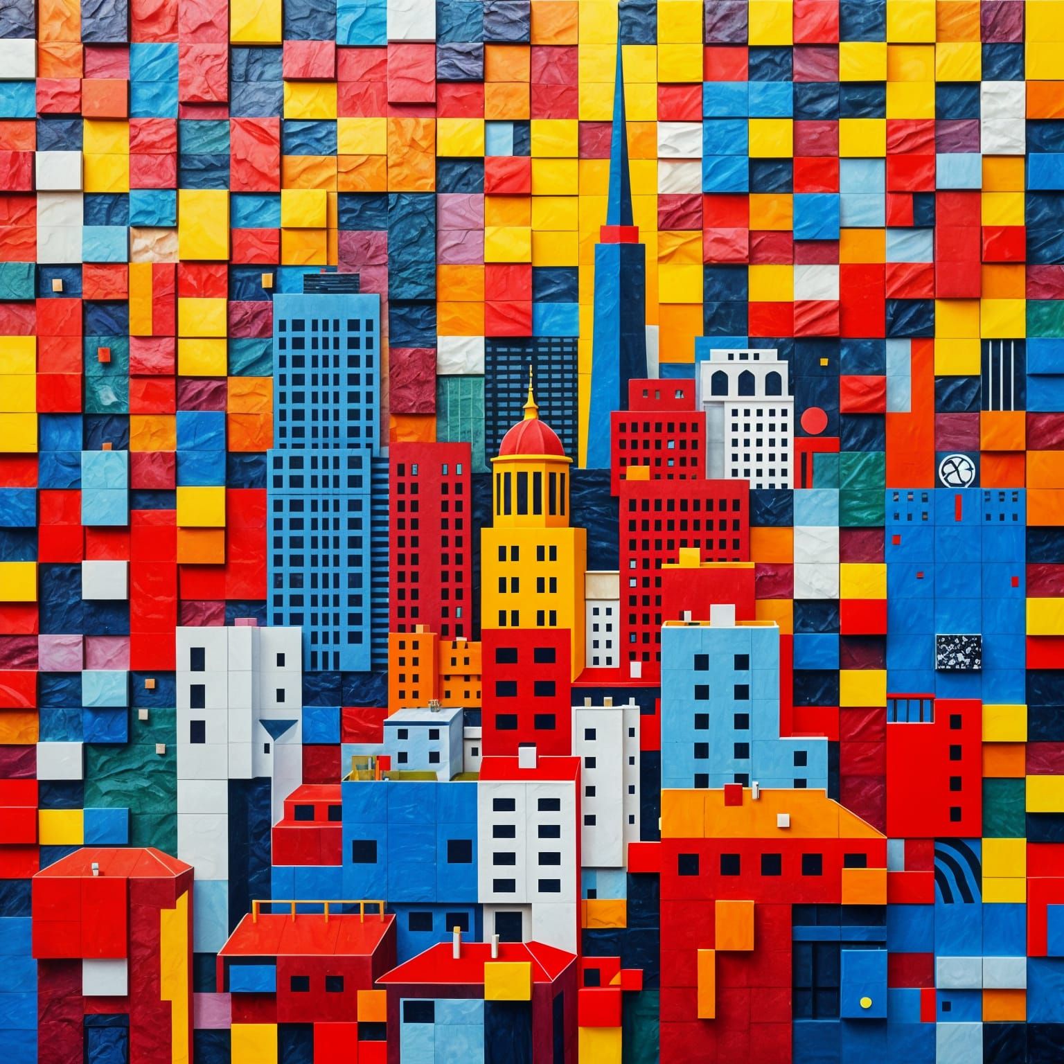 Geometric Cityscape in Bold Primary Colors