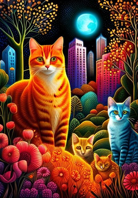Magical Cats in a Surreal Pointillist Landscape