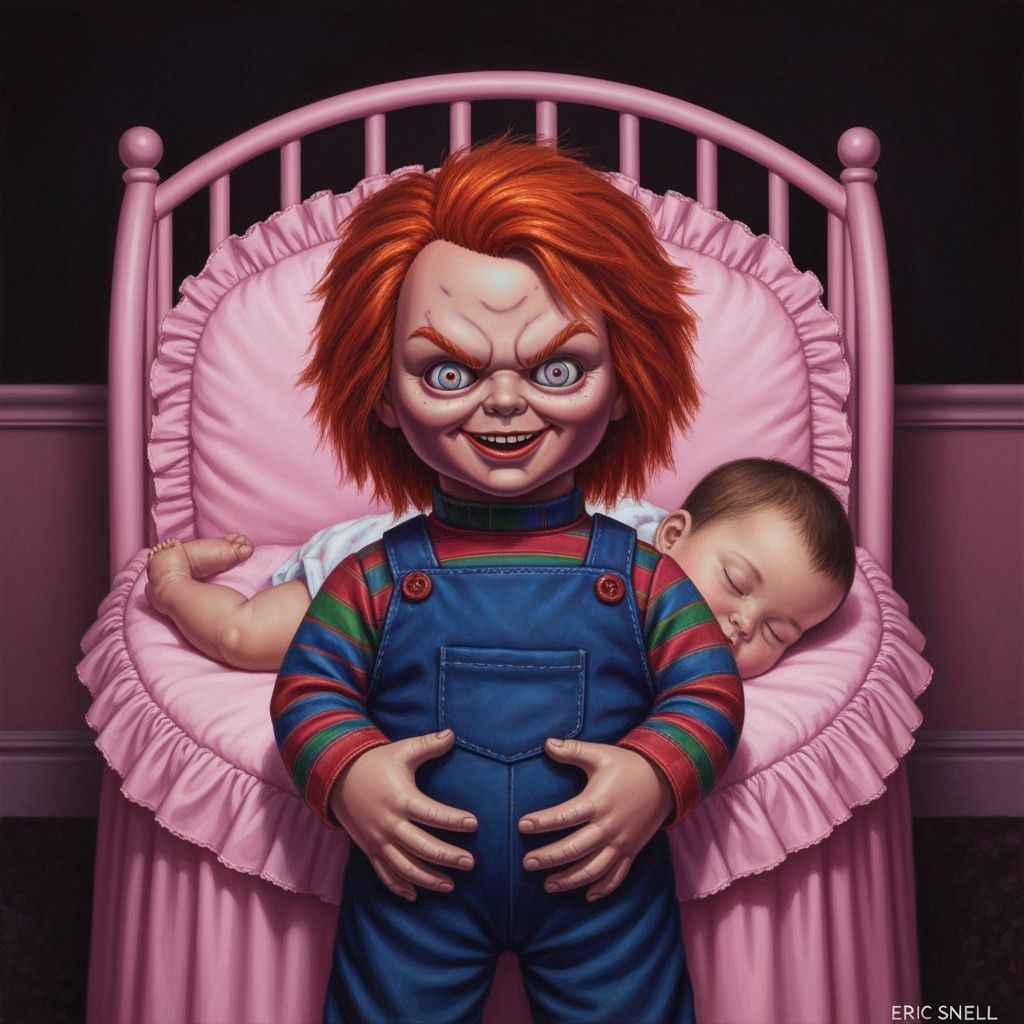 Creepy Chucky Doll Guards Sleeping Baby in Pink Nursery