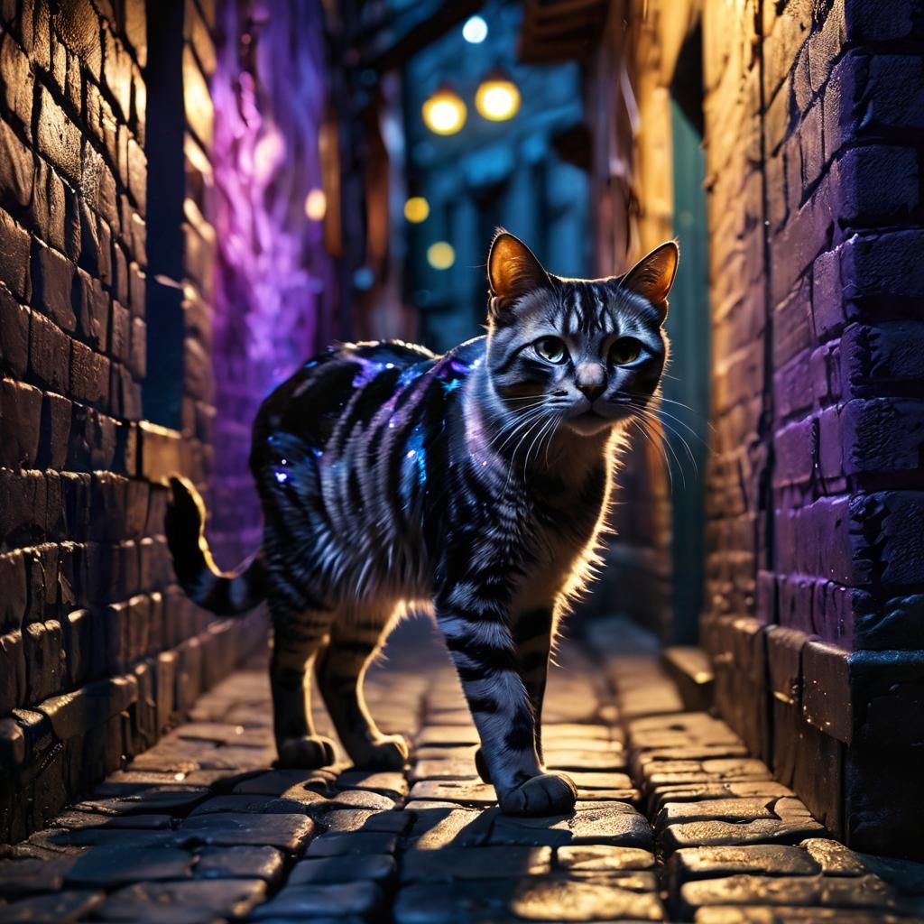 Translucent Cat in Dark Alley, Surrealist Style