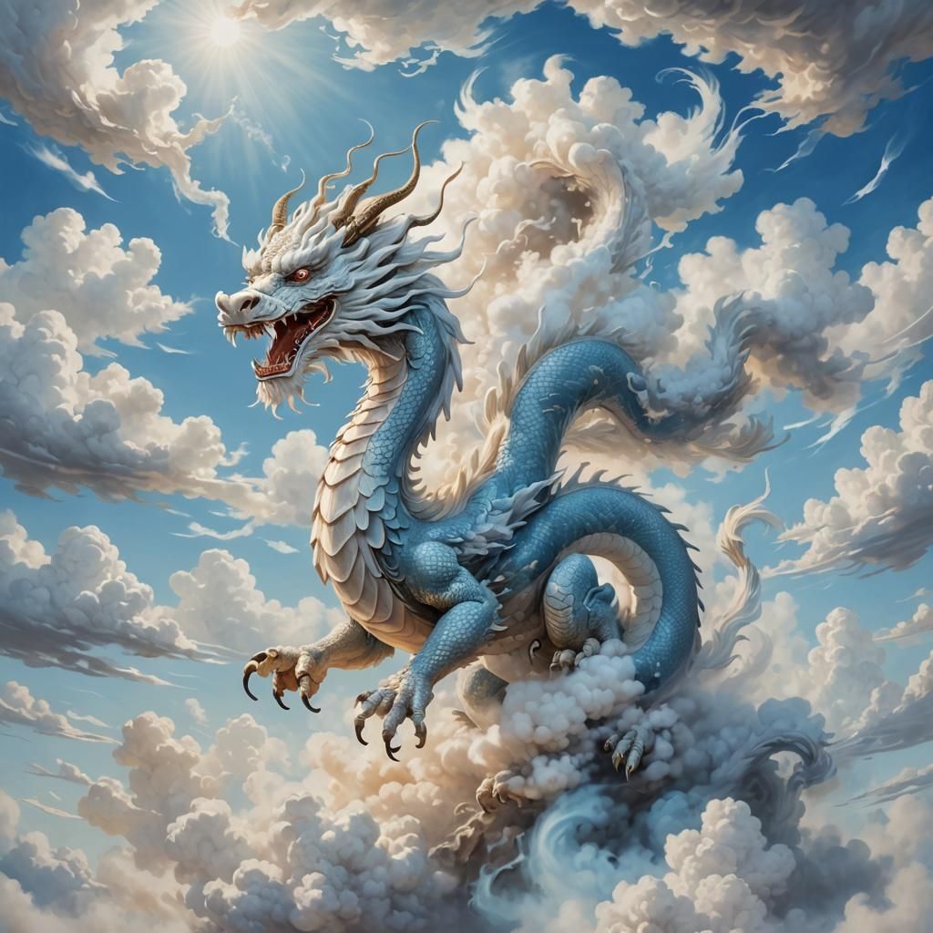 White Dragon Ascending in Dreamy Eastern Art