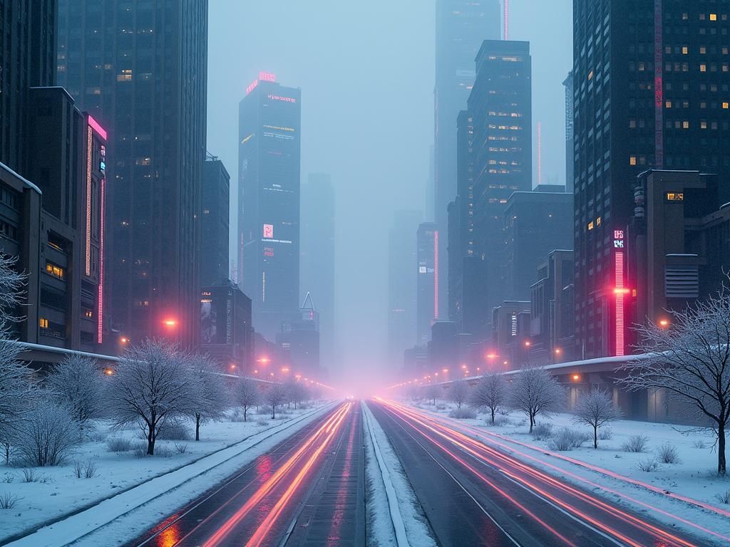 Dystopian Metropolis in Snow: A Futuristic Cityscape