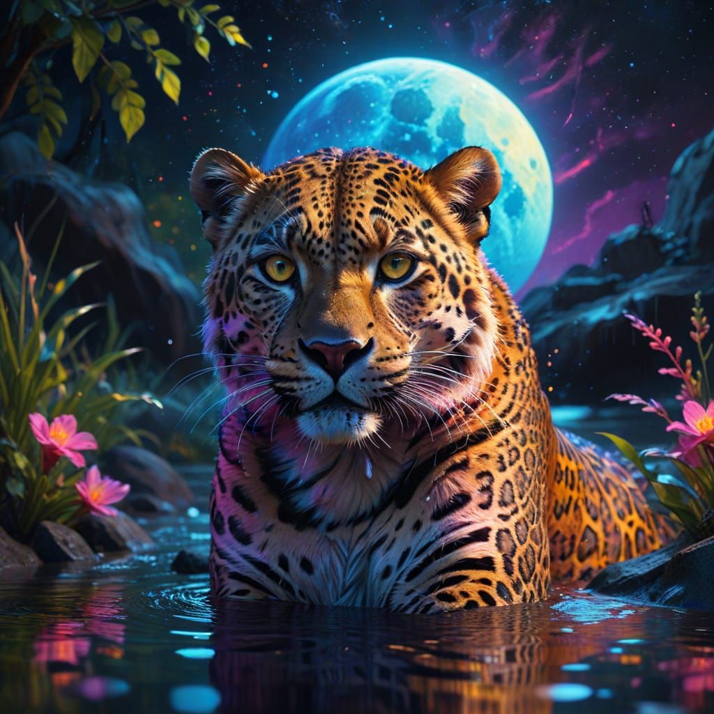 Neon Leopard Drinks at Luminous Waterhole Under Dreamlike Mo...
