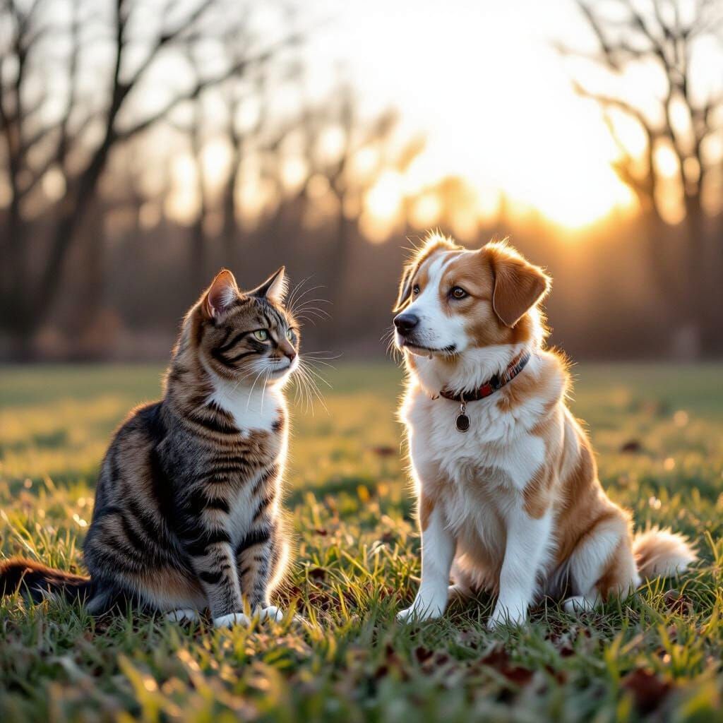 Cinematic Cat and Dog in Golden Hour Light