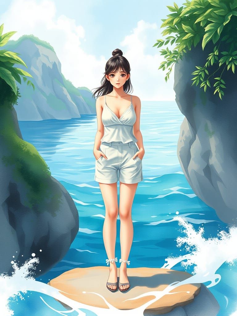 Elegant Girl in Seascape, Art Nouveau Watercolor