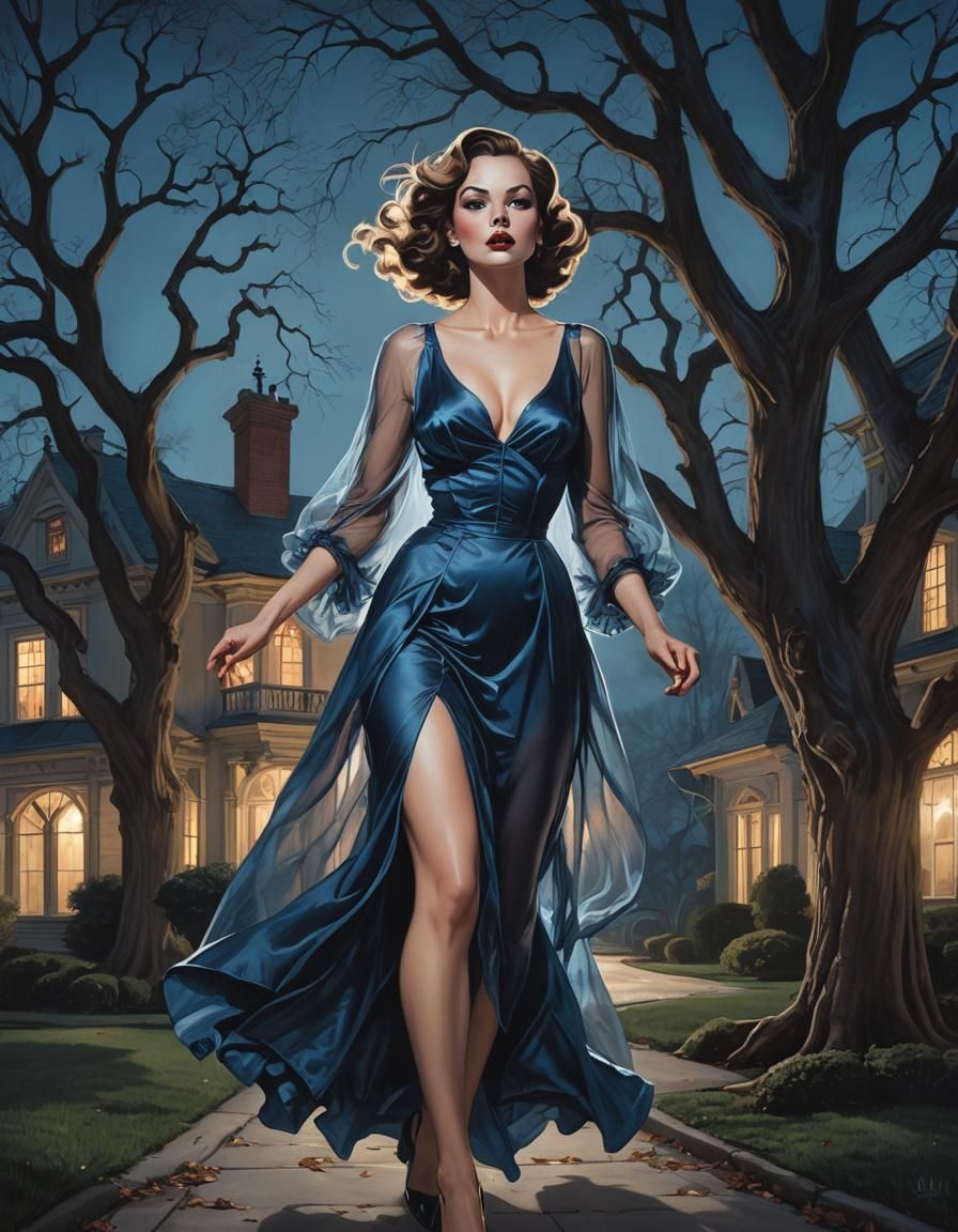Woman Escaping Gothic Mansion in Golden Age Illustration