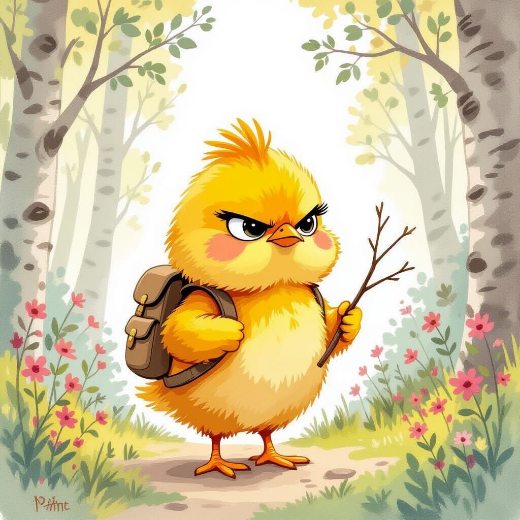 Grumpy Chick with Backpack in Whimsical Forest