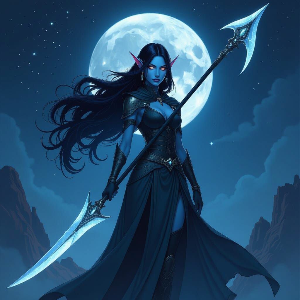 Celestial Elf Woman with Glaive in Fantasy Landscape