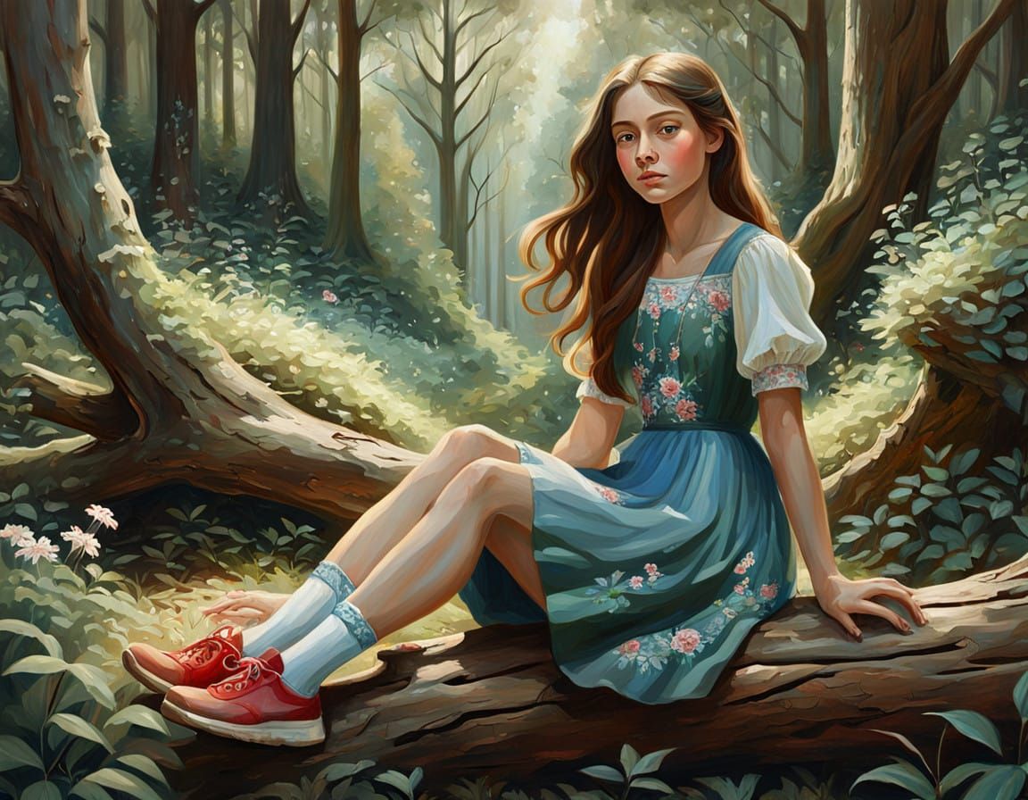 A Serene Forest Scene with a Contemplative Girl