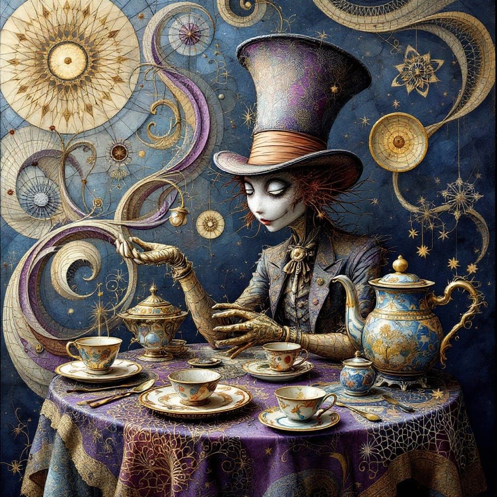 Surreal Tea Party Masterpiece in Vibrant Textile Art