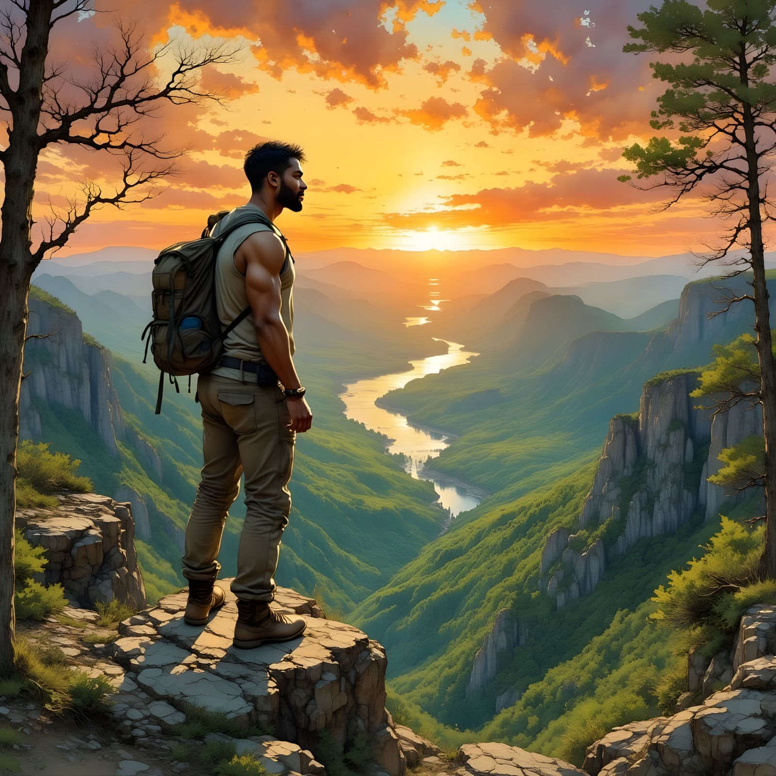 Mountain Climber Surveys Breathtaking Valley Landscape in Ep...