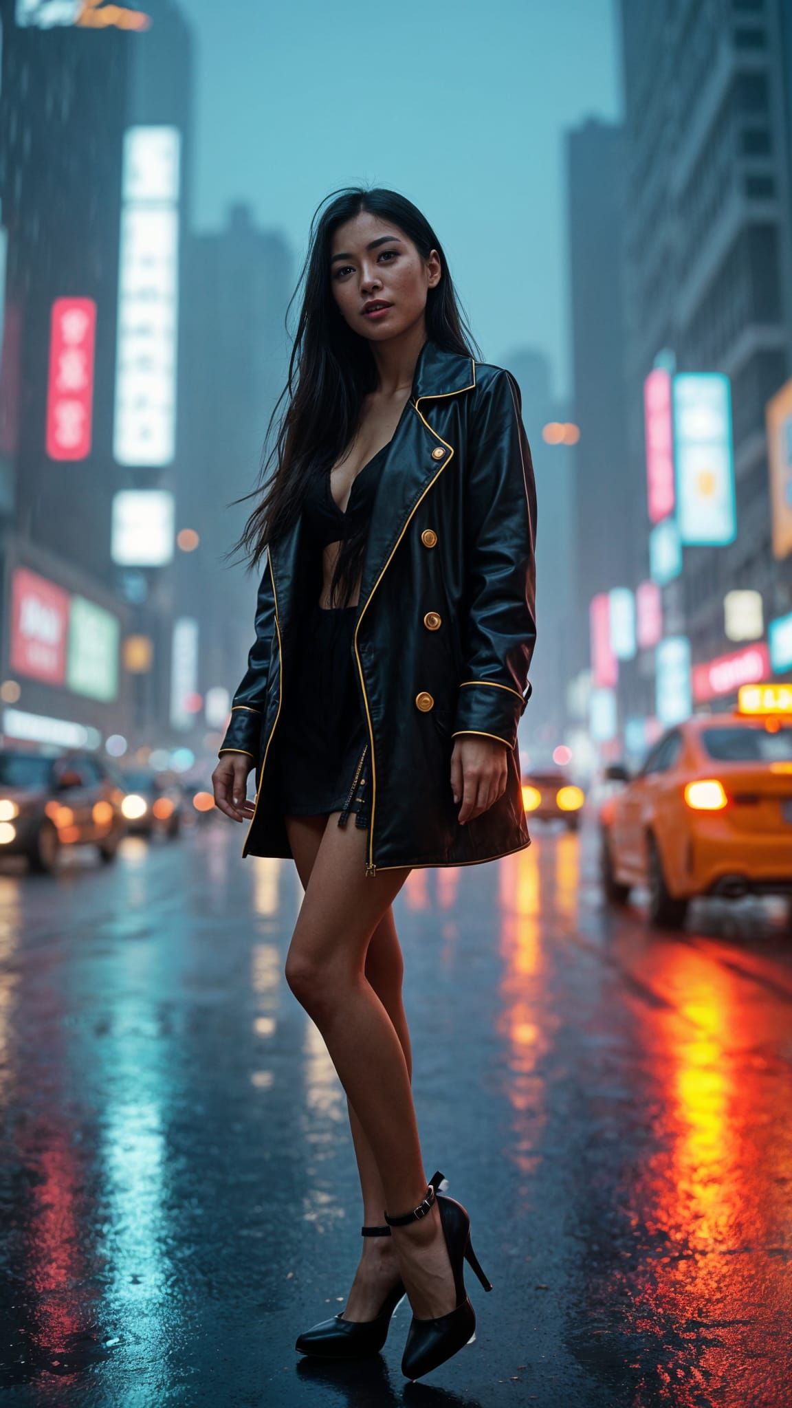 Asian Woman in Futuristic City with Neon Lights
