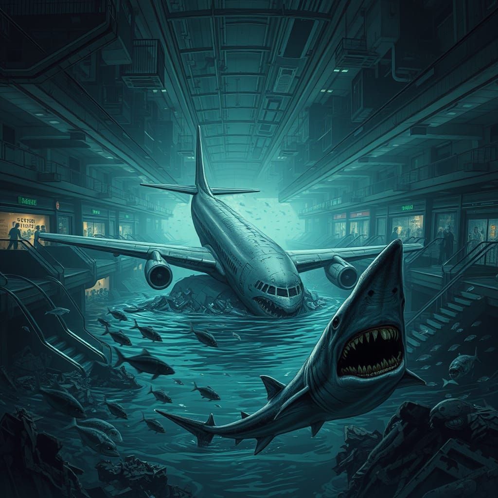 Eerie Post-Apocalyptic Mall Scene with Sunken Plane and Zomb...