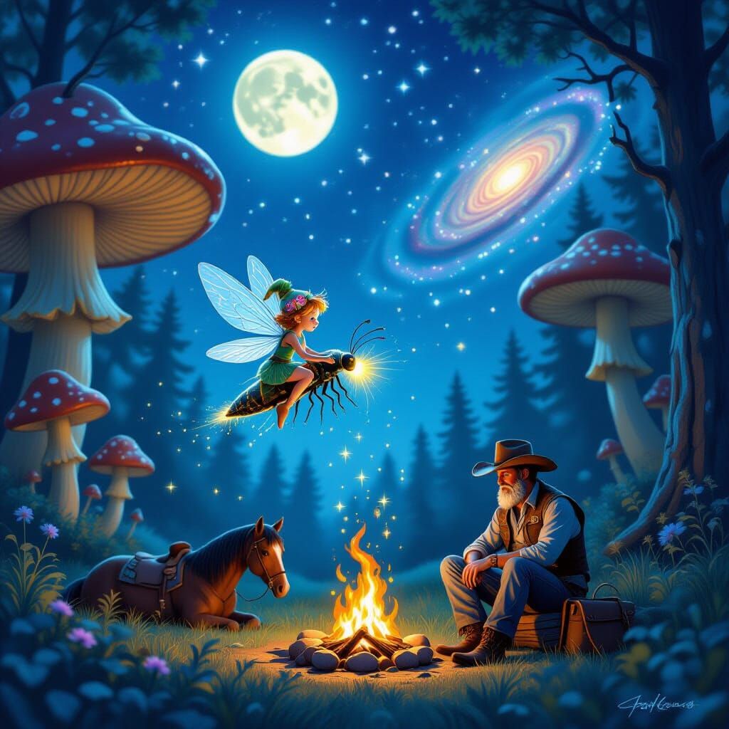Cosmic Cowboy in Galaxy Amidst Glowing Mushrooms