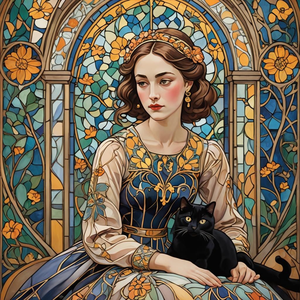 Girl and Cat in Art Nouveau Style