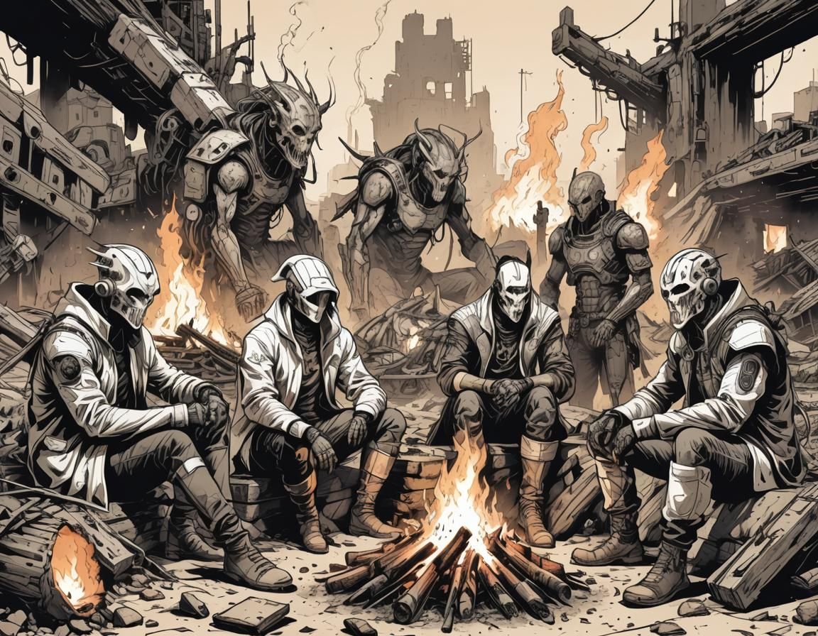 Cyberpunk Fantasy Characters Relaxing Around Bonfire