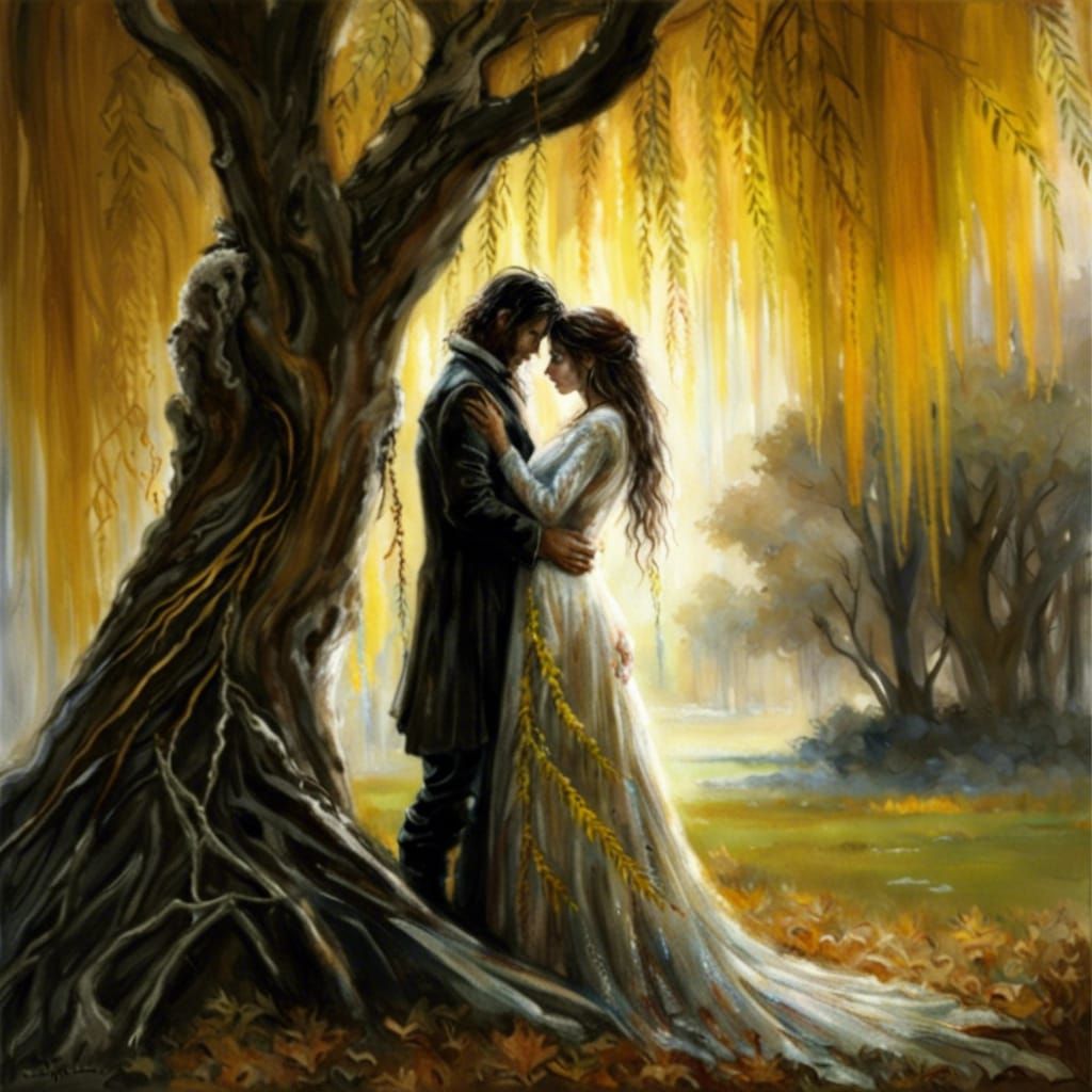 Romantic Couple Embrace Under Autumn Willow Tree
