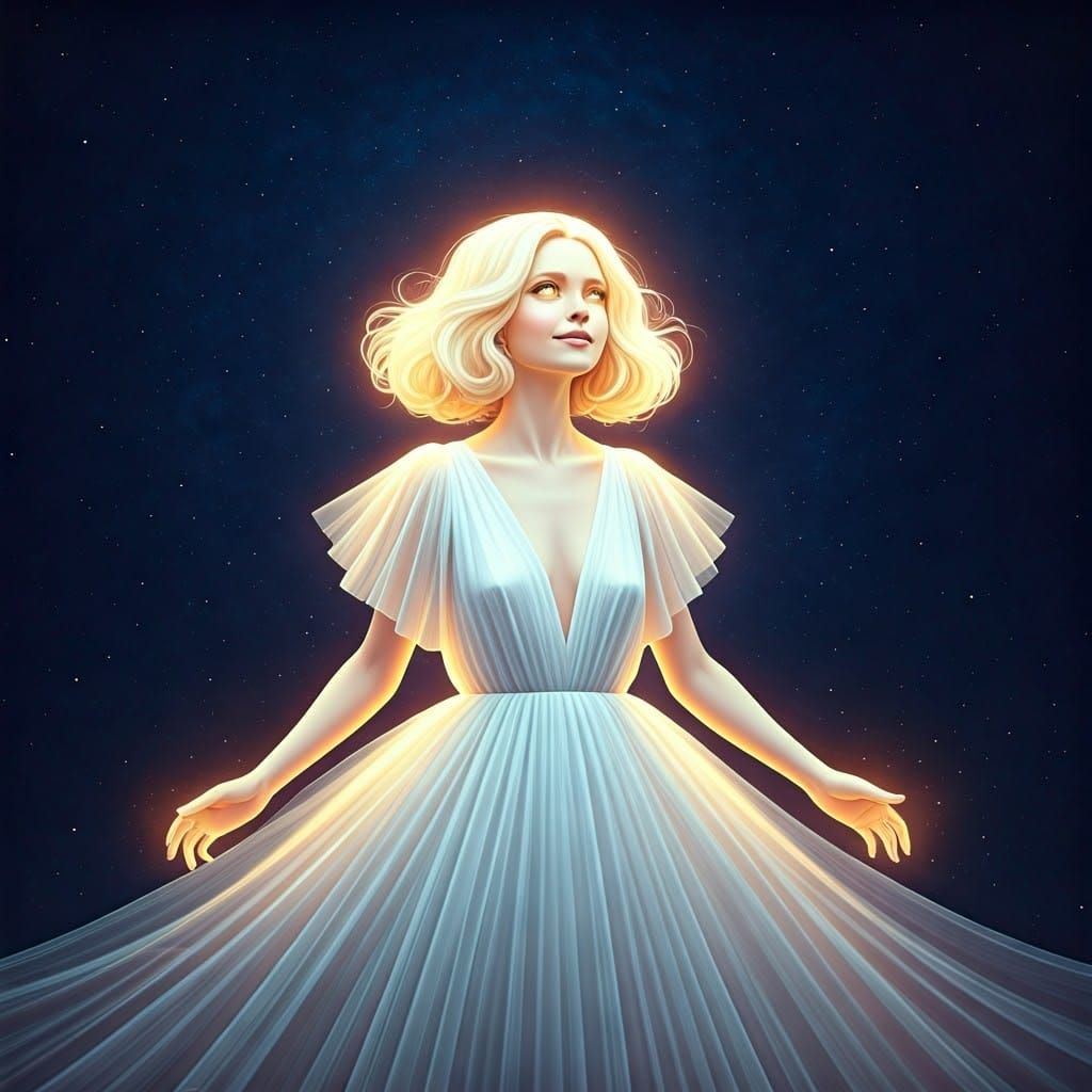 Ethereal Blonde Woman Reaching for Cosmic Sky