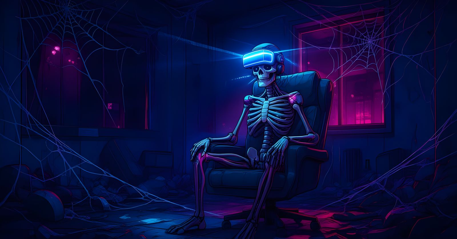 Cyberpunk Skeleton in VR in Abandoned Room
