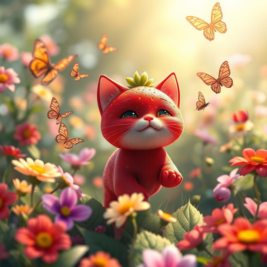 Whimsical Strawberry Cat in a Vibrant Flower Garden