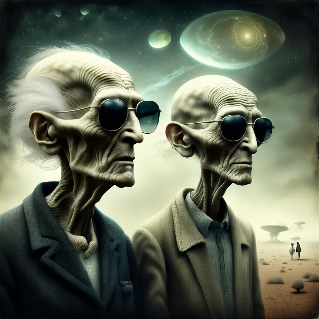 Old Couple Witnessing Alien Landing in Gammell Style