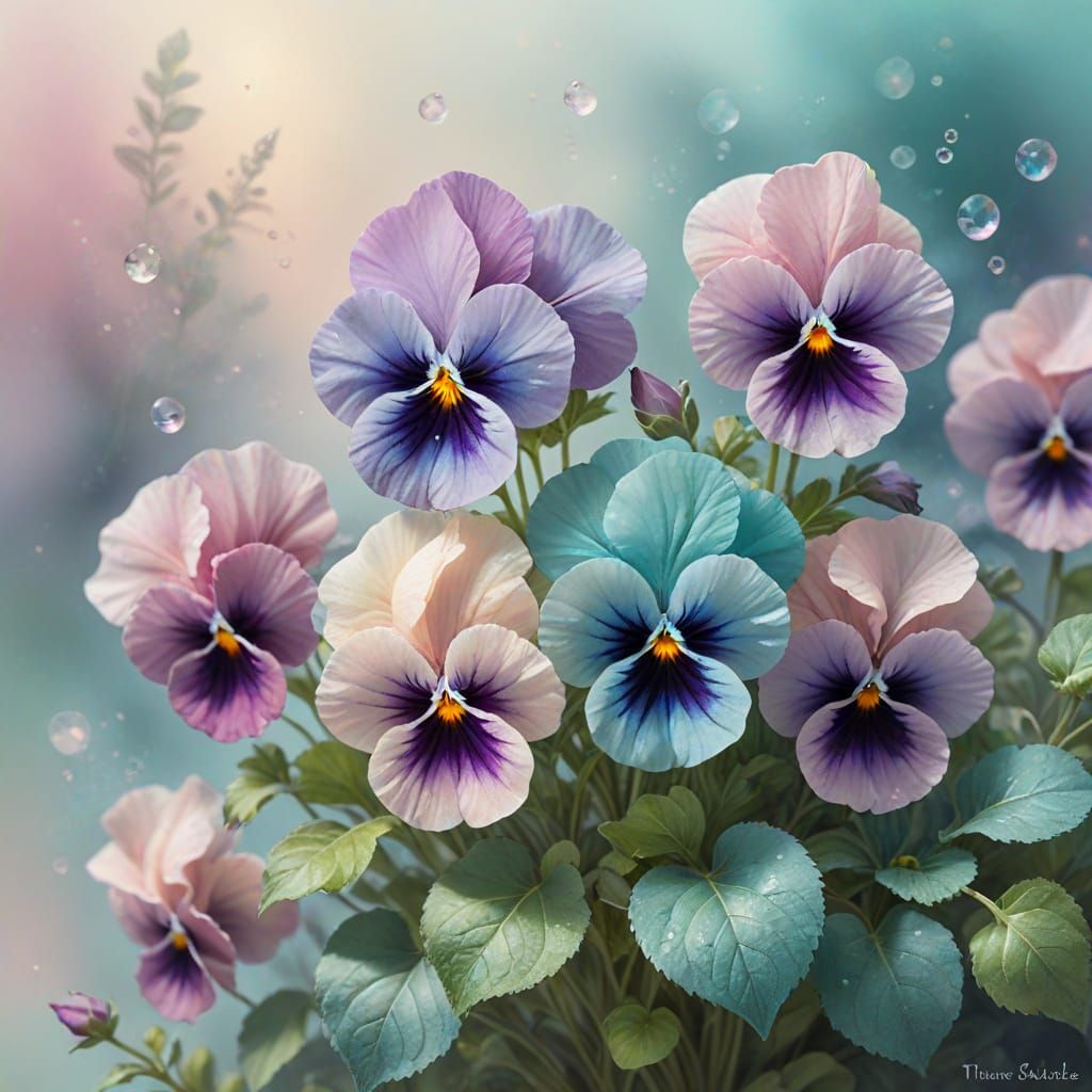 Hyperrealistic Pansies in Ethereal Watercolour Style