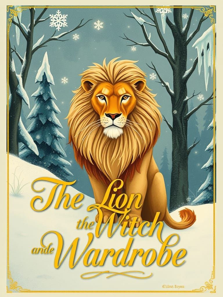 A book cover in the style of Pauline Baynes showing Aslan in...