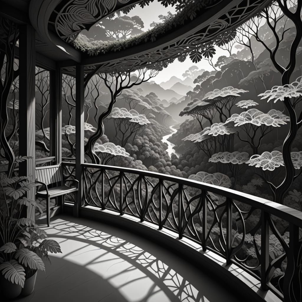 Monochromatic Leaf Balcony With Forest Canopy View