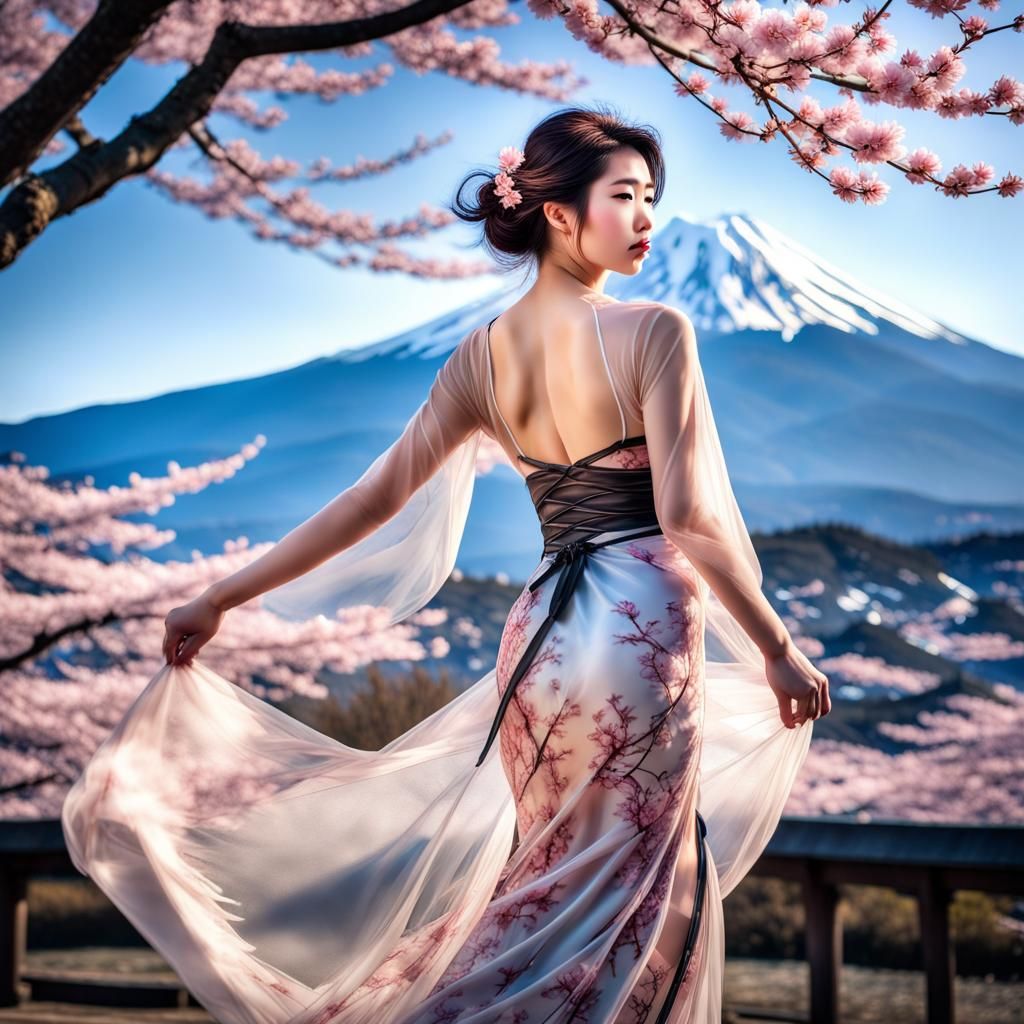 Japanese Woman in Silk Gown with Cherry Blossoms