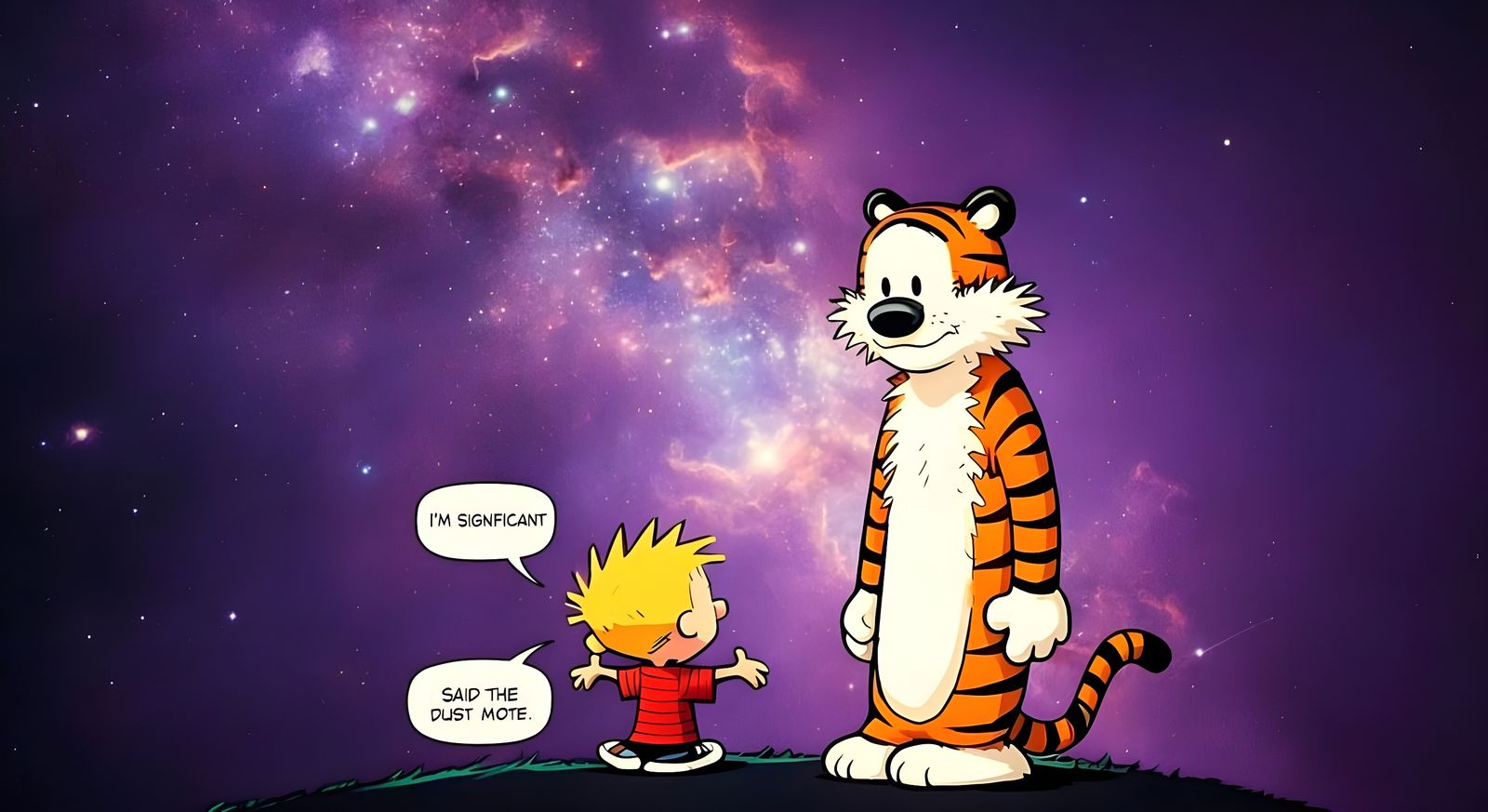 Whimsical Duo Contemplates Existence in Cosmic Purple Expans...