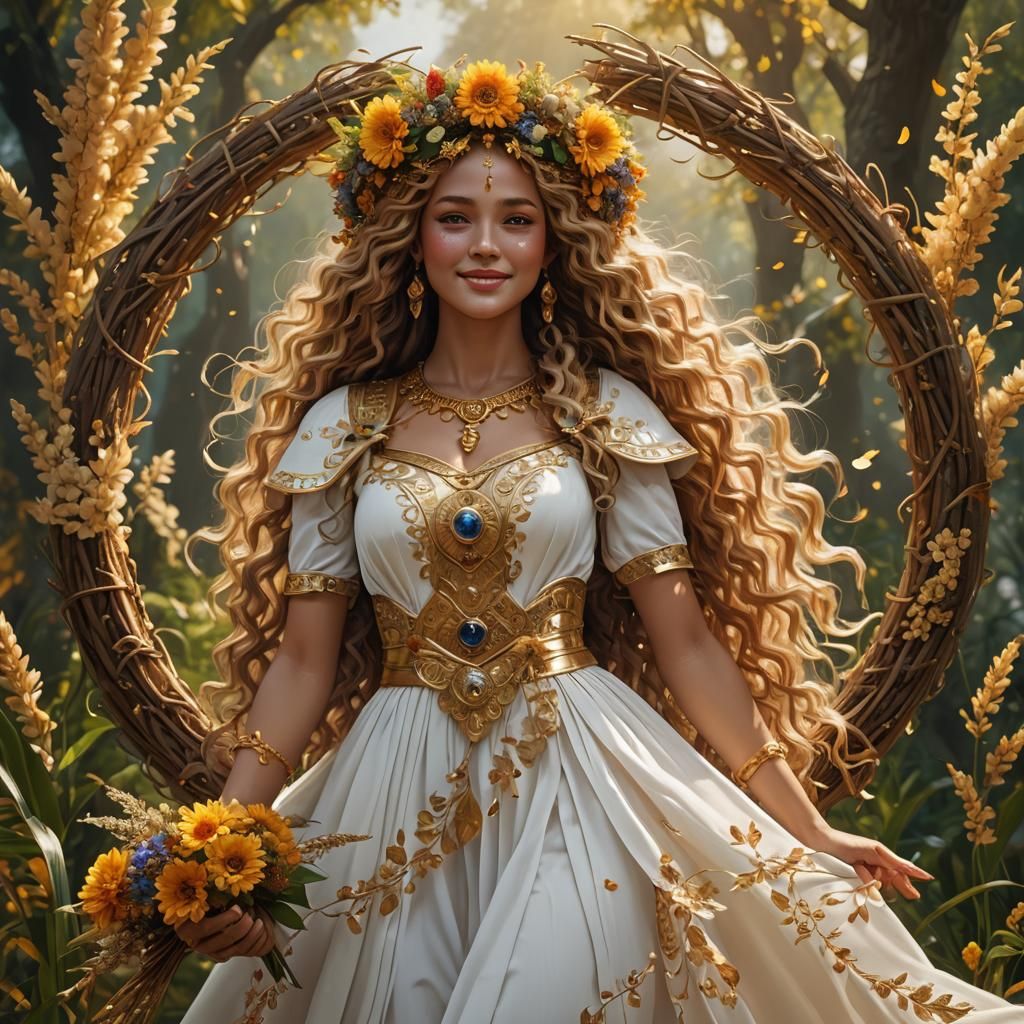 Goddess of Fertility with Golden Grains and Flowers