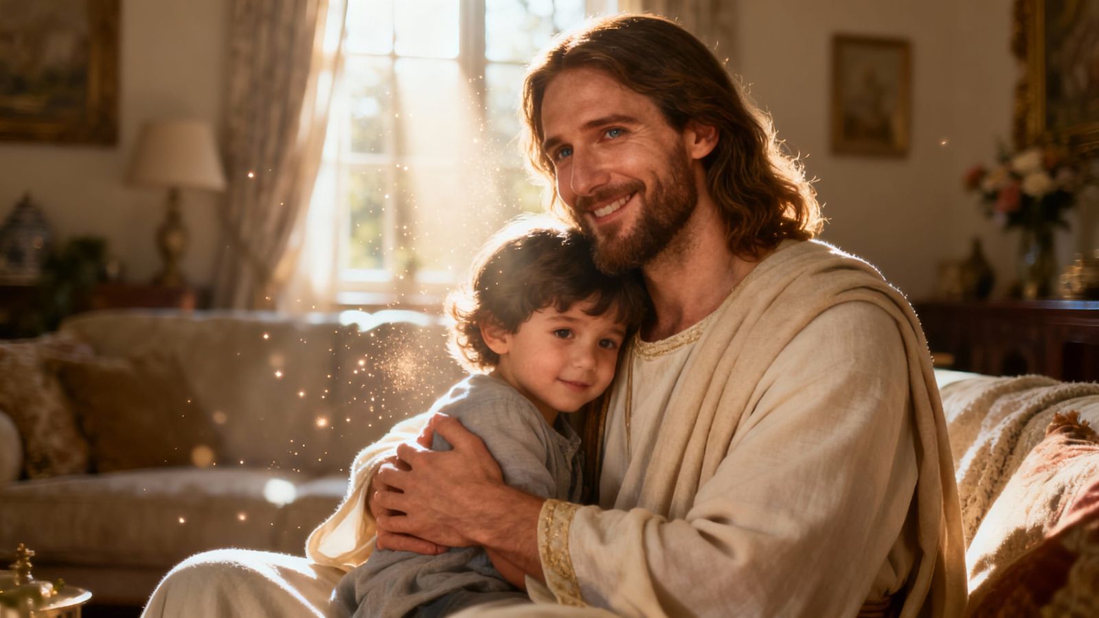 Jesus Embraces Child in Serene Living Room