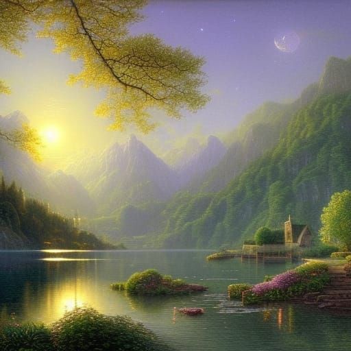 Moonlit Cottage by Lake: Thomas Kinkade Style