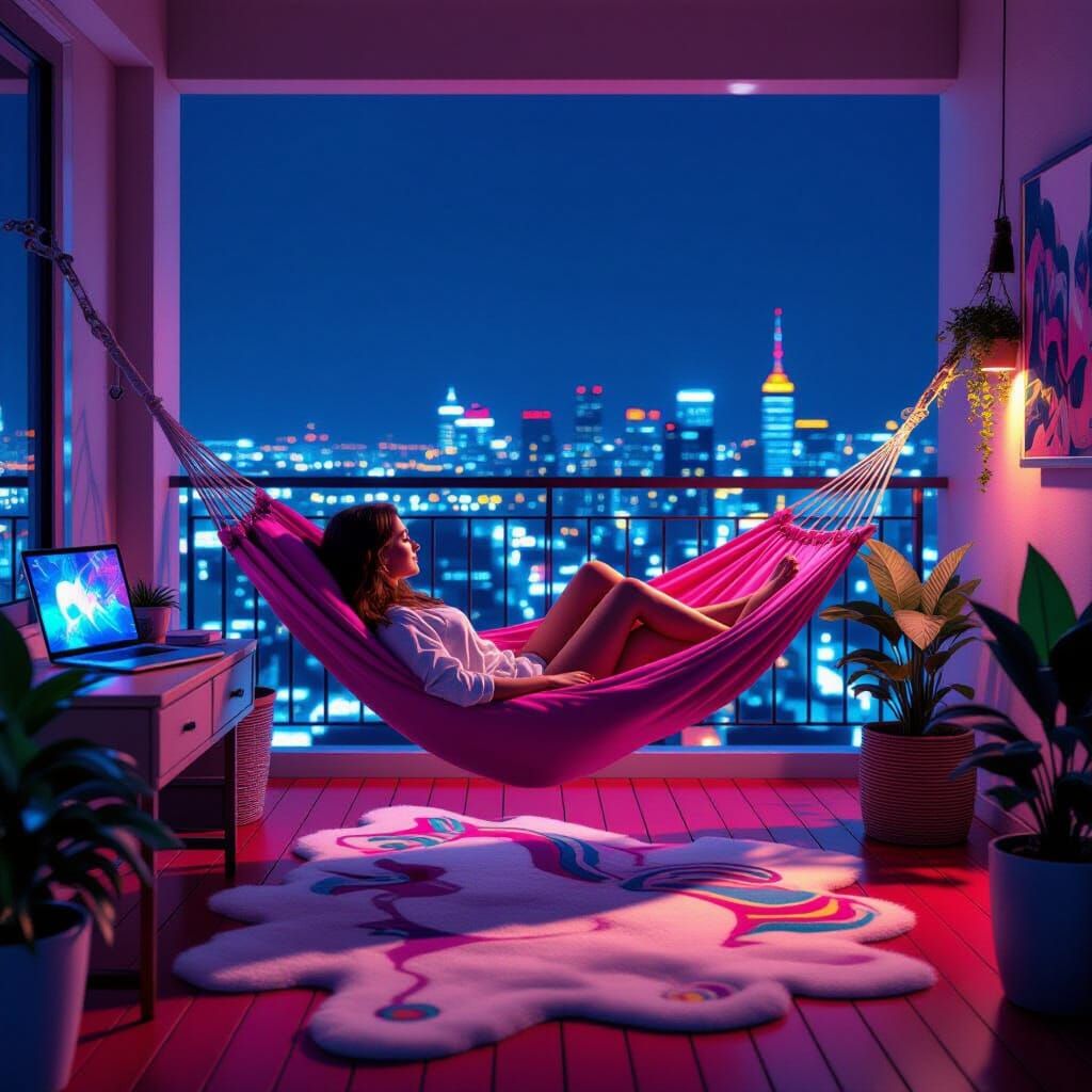 Cyberpunk Terrace with Pink Hammock and City View