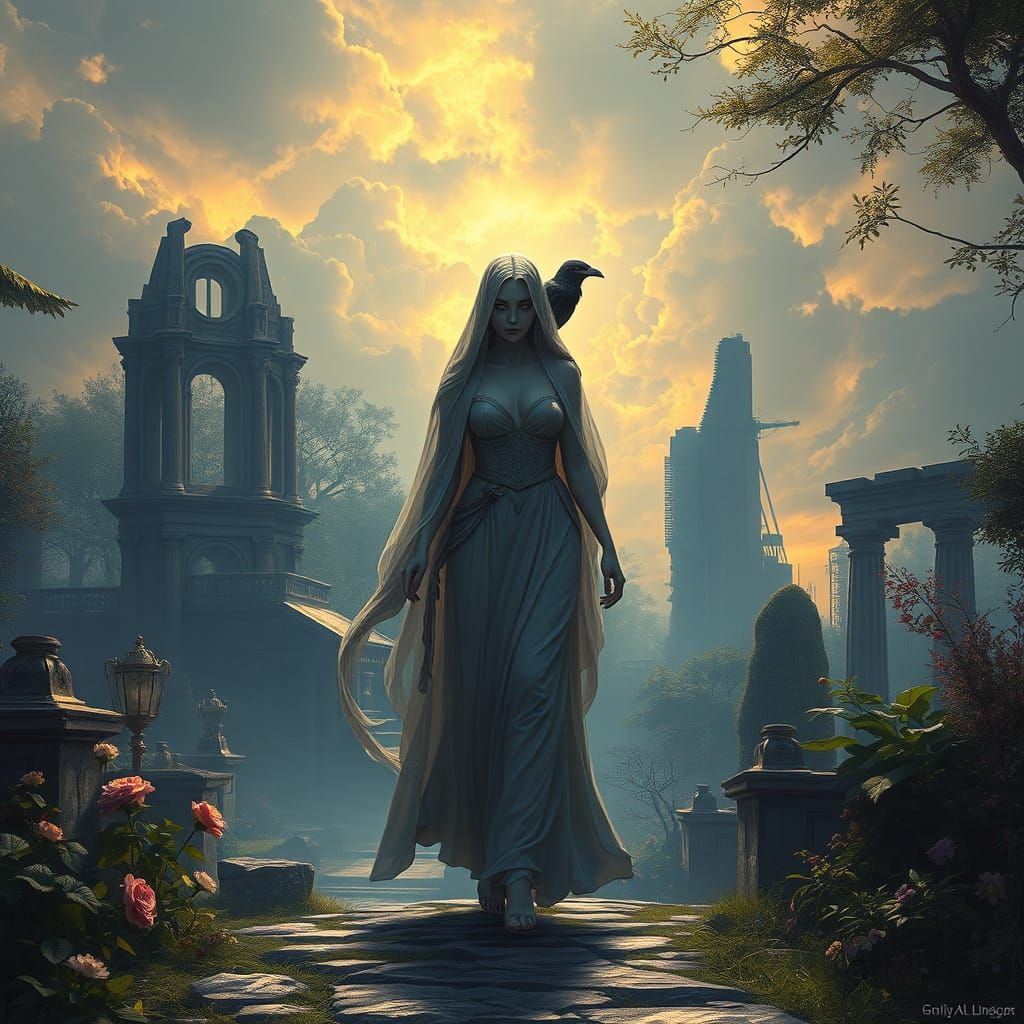 Goddess in Ruined Garden: Dark Fantasy Concept Art