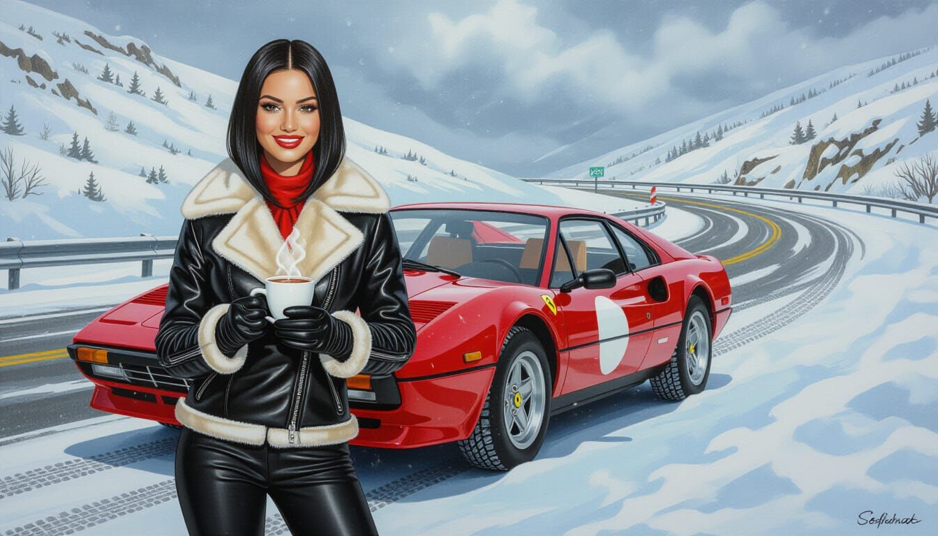 Oil Painting of Woman in Leather Jacket with Ferrari on Snow...