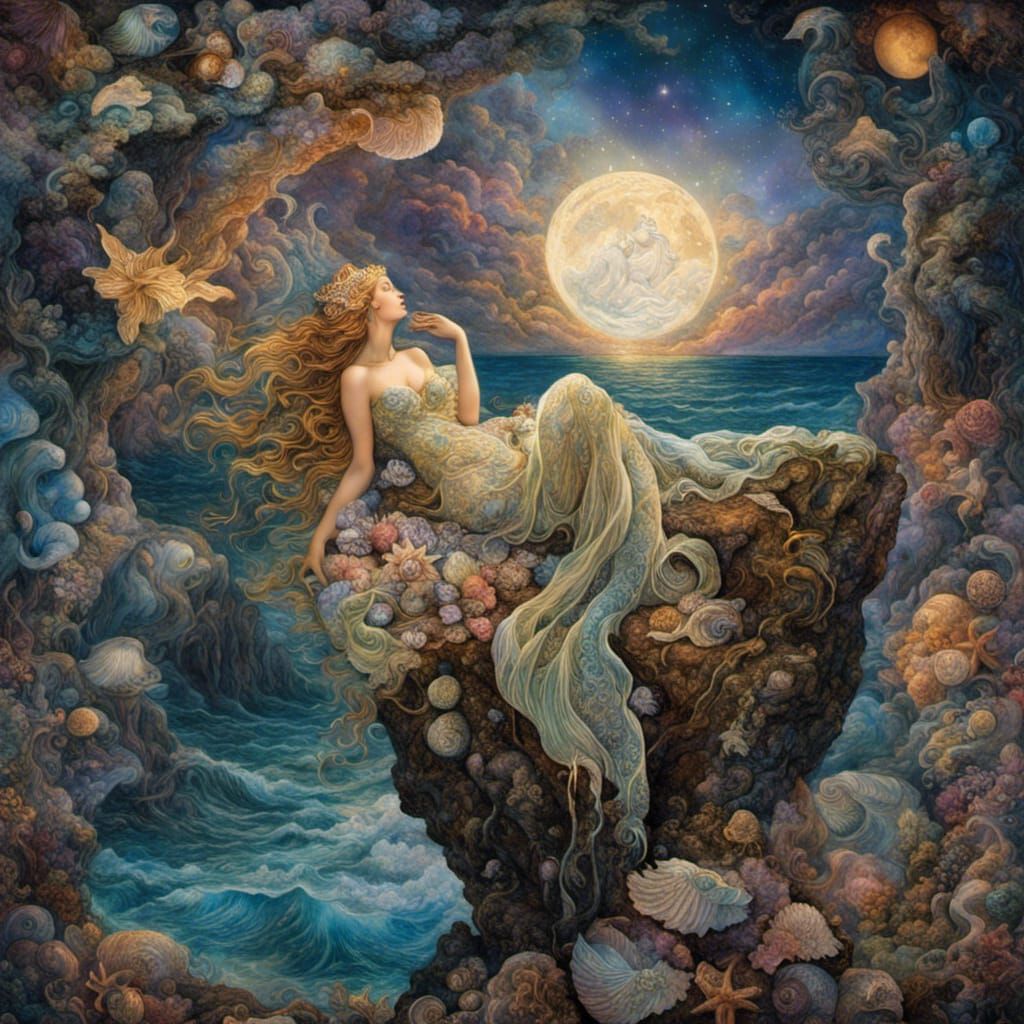 "Sleeping marble beauty on top of rock, centered, moon behind galaxy, seashells , Unisonic Serigraphy, Stipple technique...